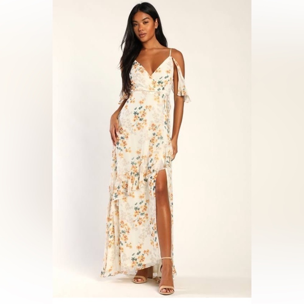 Lulu's Cream Floral Wrap Maxi Dress with Side Slit